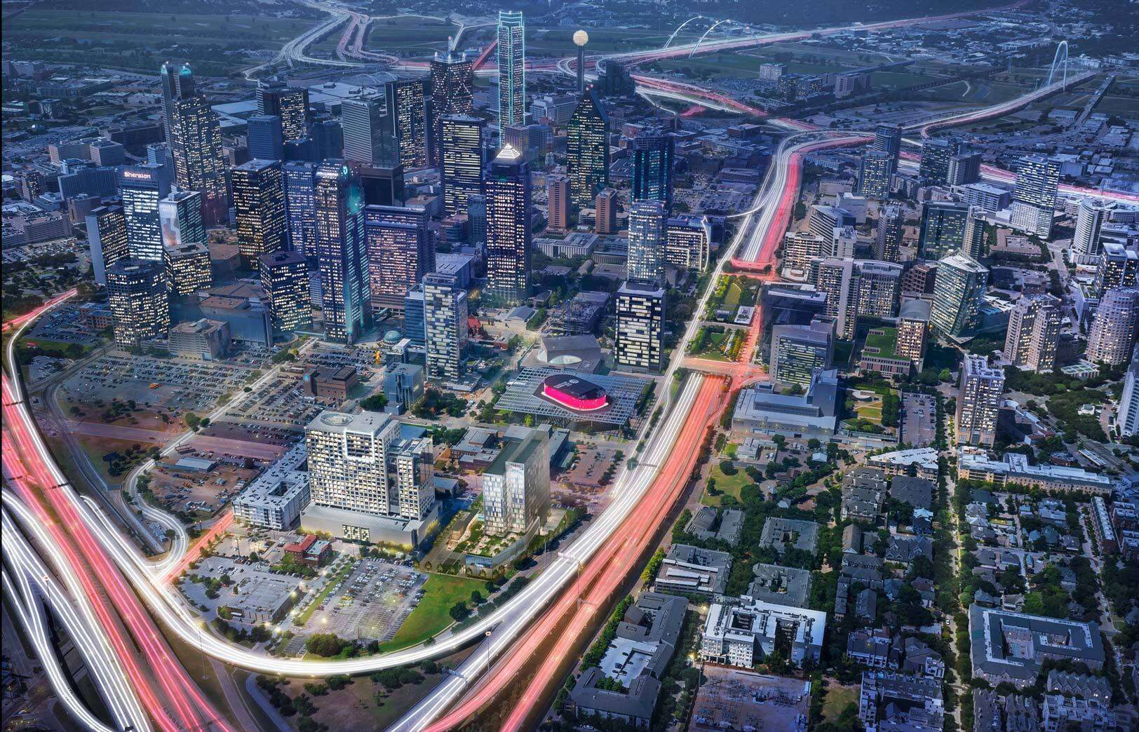 Aerial view of downtown Dallas and the Arts District at dusk