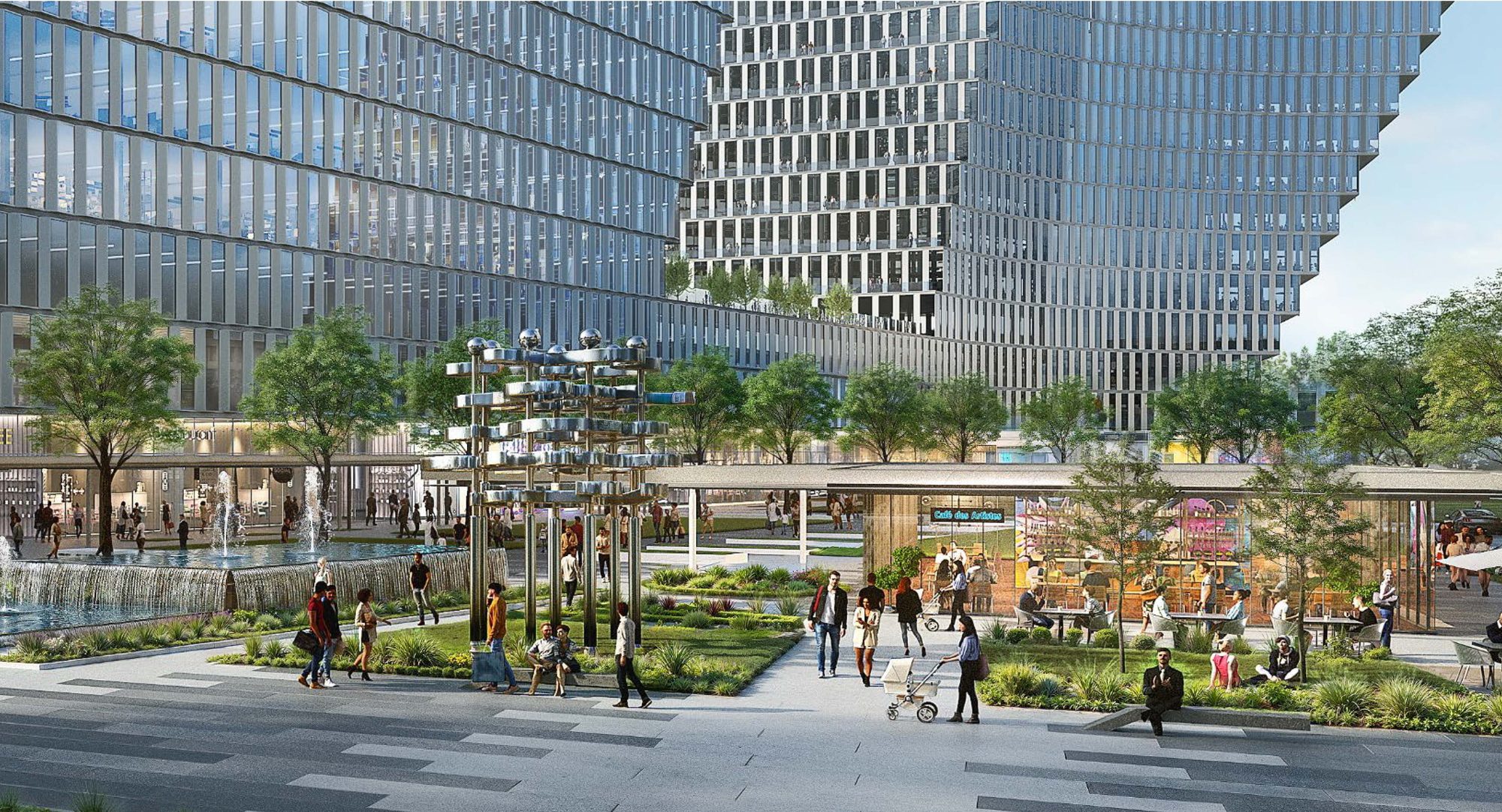 Plaza with public sculpture, fountain and Café des Artistes