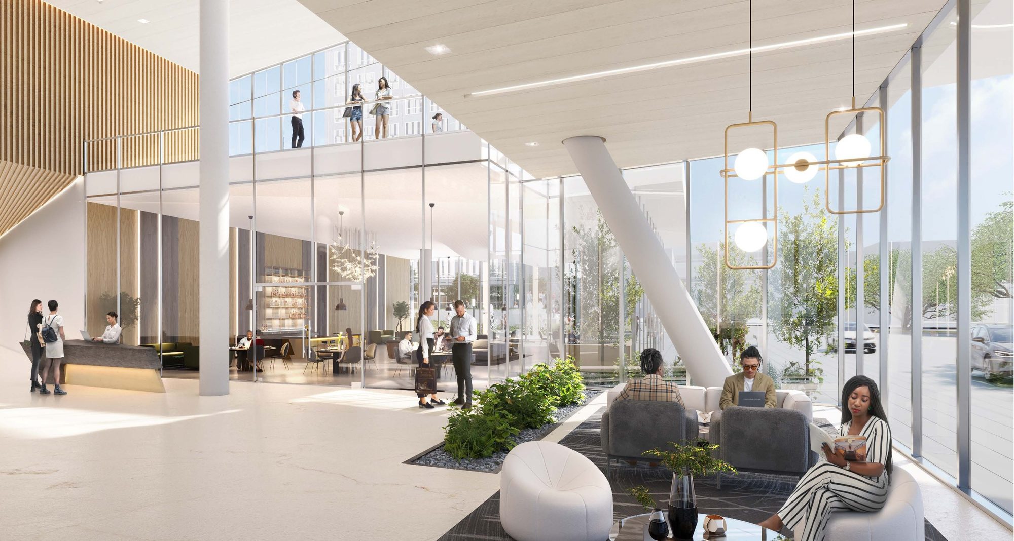 Two Arts Plaza lobby with lounge seating and café