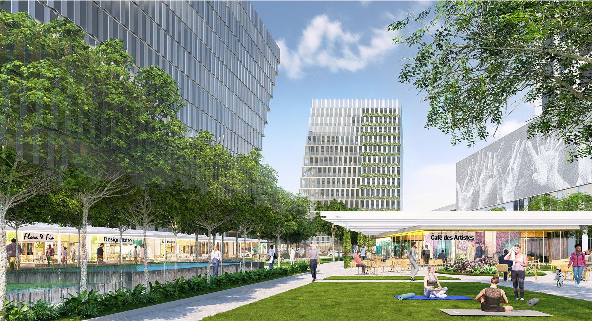 Park lawn with yoga, retail and Café des Artistes