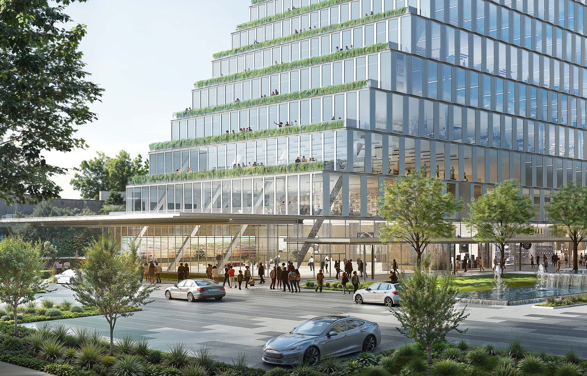 Two Arts Plaza entrance and porte-cochère with terraced floors above