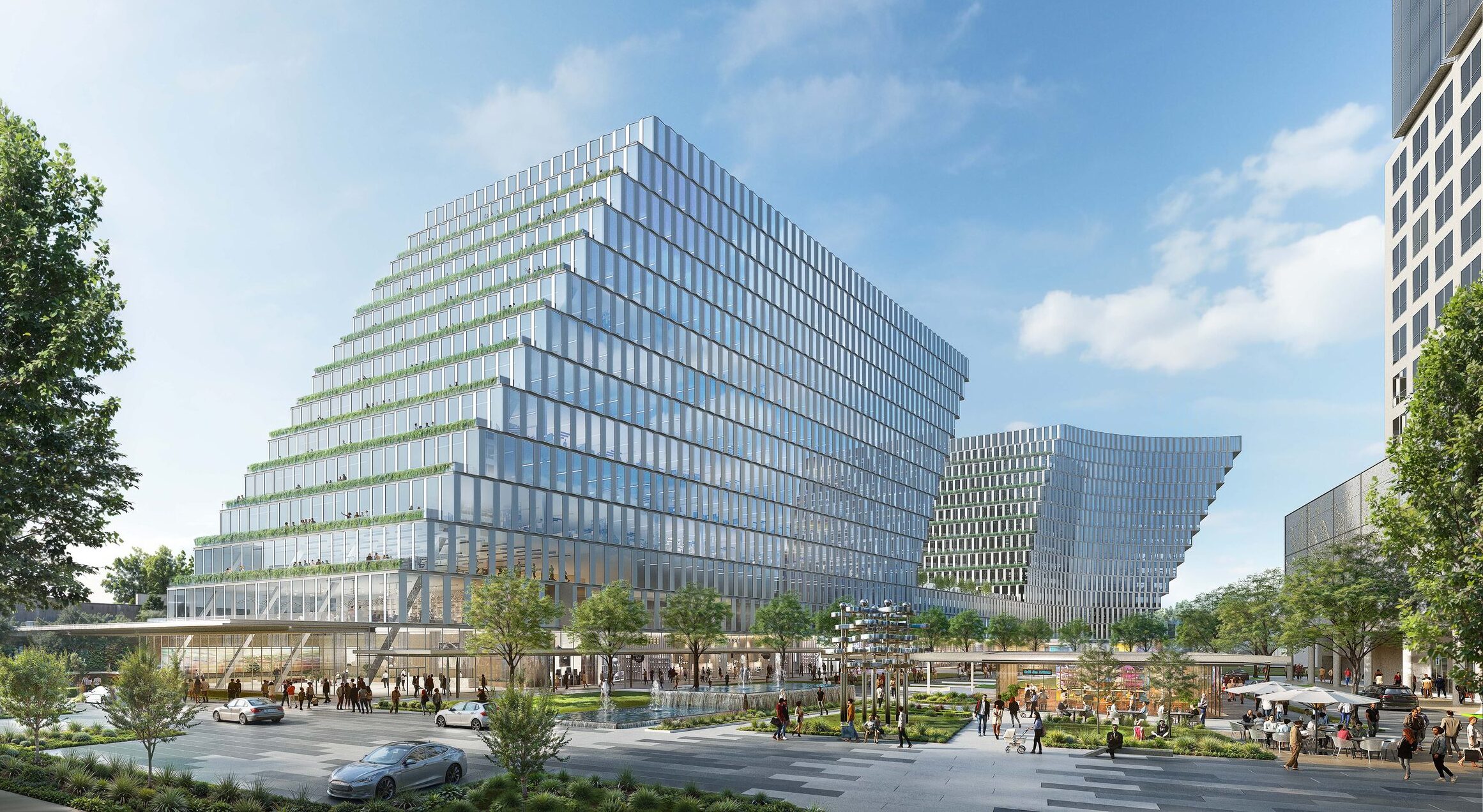 Two Arts Plaza stepped glass tower with terraced gardens above a landscaped plaza