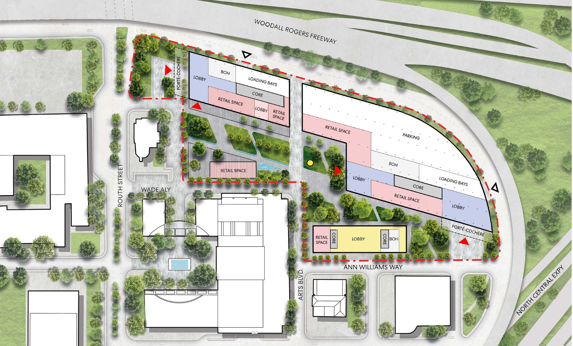 Two Arts Plaza and Three Arts Plaza site plan along Woodall Rodgers Freeway